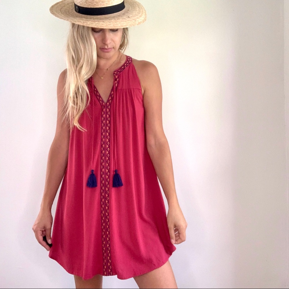 Magenta Embroidered Blue & Yellow Tassel Dress M